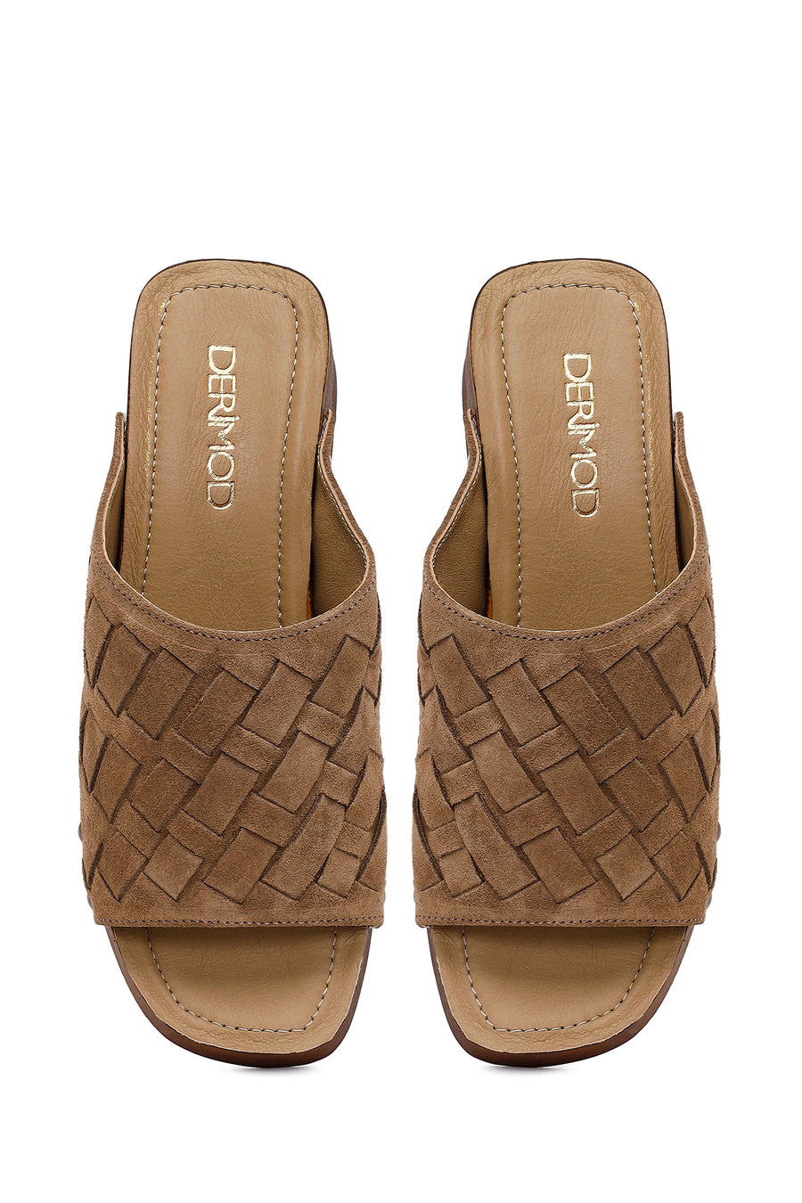 Woman Beige Short Thick-Heeled Suede Slipper