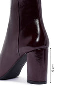 Derimod Gritti Woman Burgundy Zip Closure Thick-Heeled Patent Leather Leather Boots | Derimod