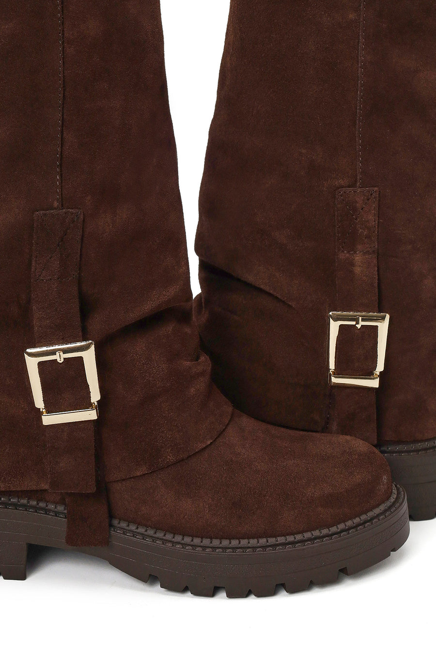 Woman Brown Buckled Suede Boots
