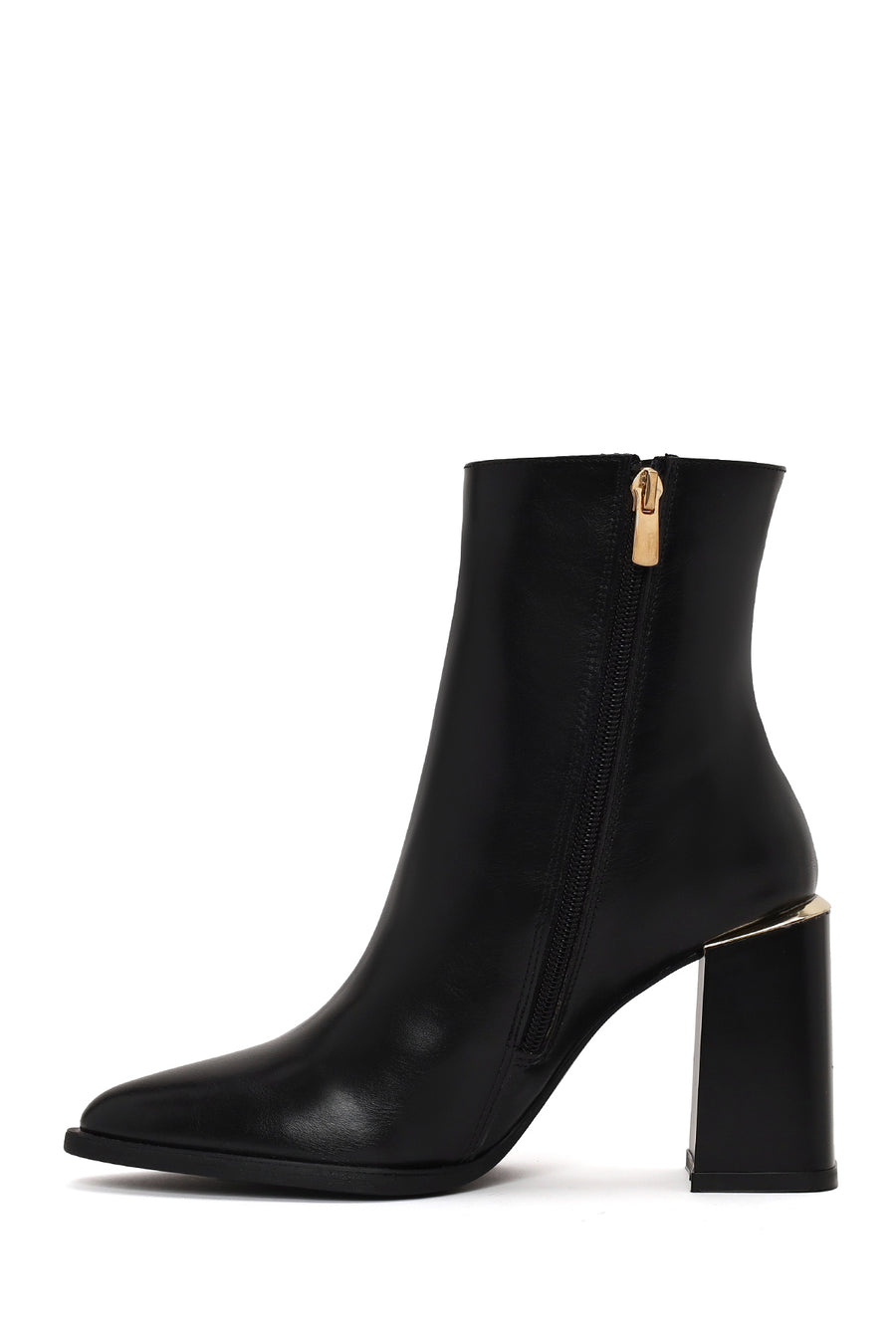Woman Black Zip Closure Thick-Heeled Leather Boots