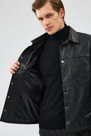 Enzo Men's Black Shirt Collar Leather Jacket | Derimod