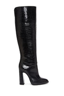 Women's Black Zippered High Heel Leather Boots | Derimod