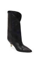 Woman Black Printed Thin-Heel Leather Boots | Derimod