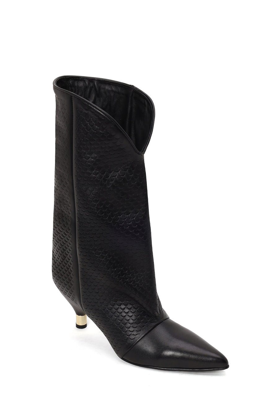 Woman Black Printed Thin-Heel Leather Boots