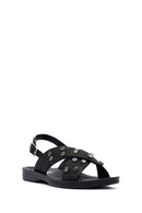 Women's Black Stone Straw Sandals | Derimod
