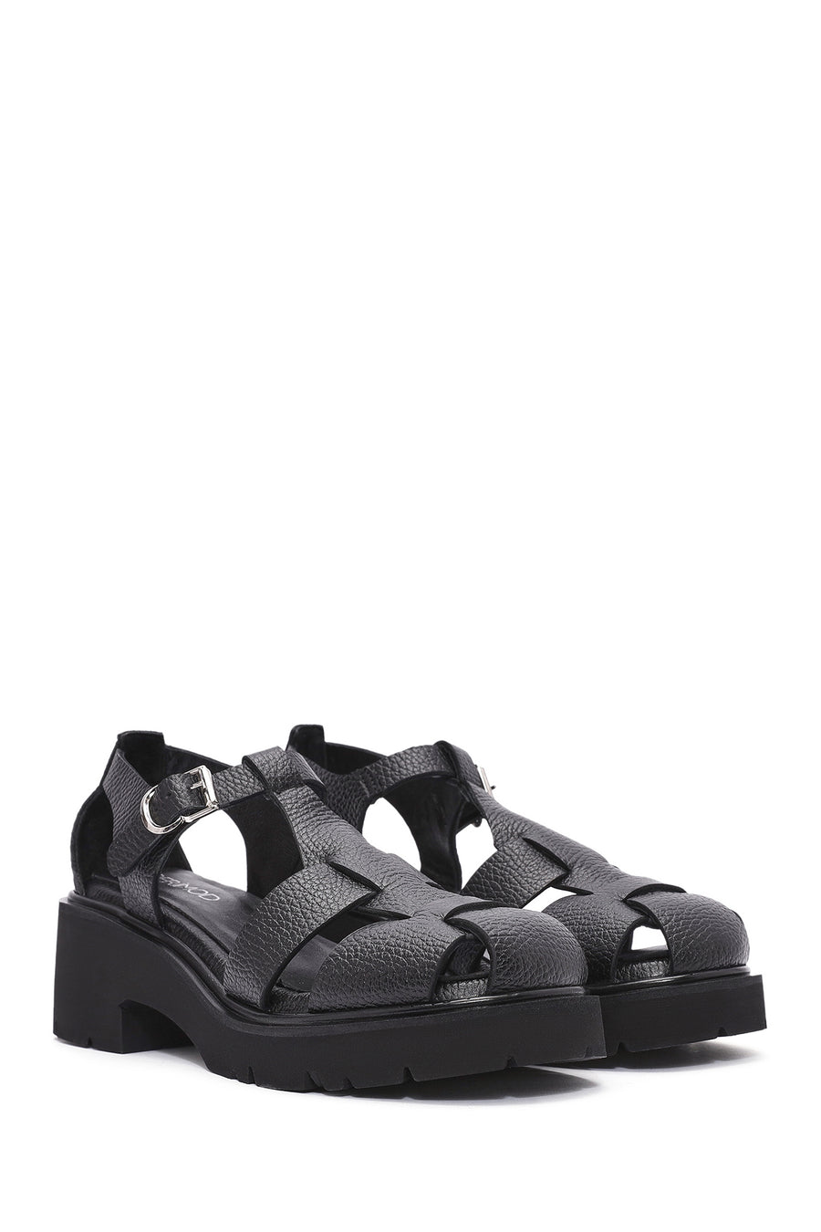 Women's Black Ankle Strap Thick Heel Leather Sandals