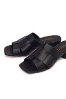 Women's Black Short Thick Heeled Leather Slippers | Derimod