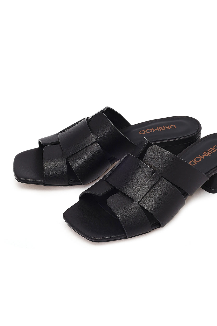 Women's Black Short Thick Heeled Leather Slippers