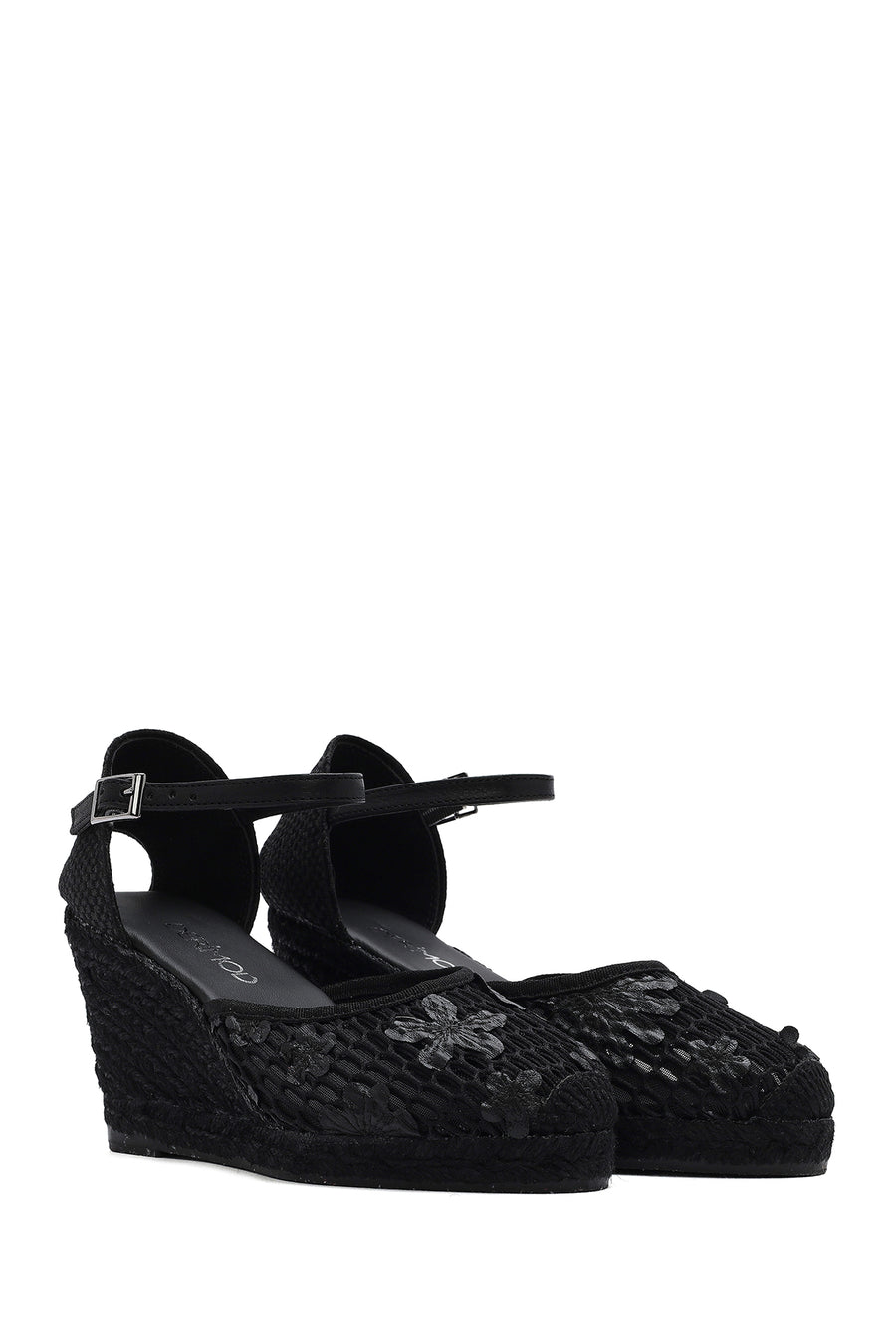 Women's Black Ankle Strap Patterned Wedge Heel Espadrilles