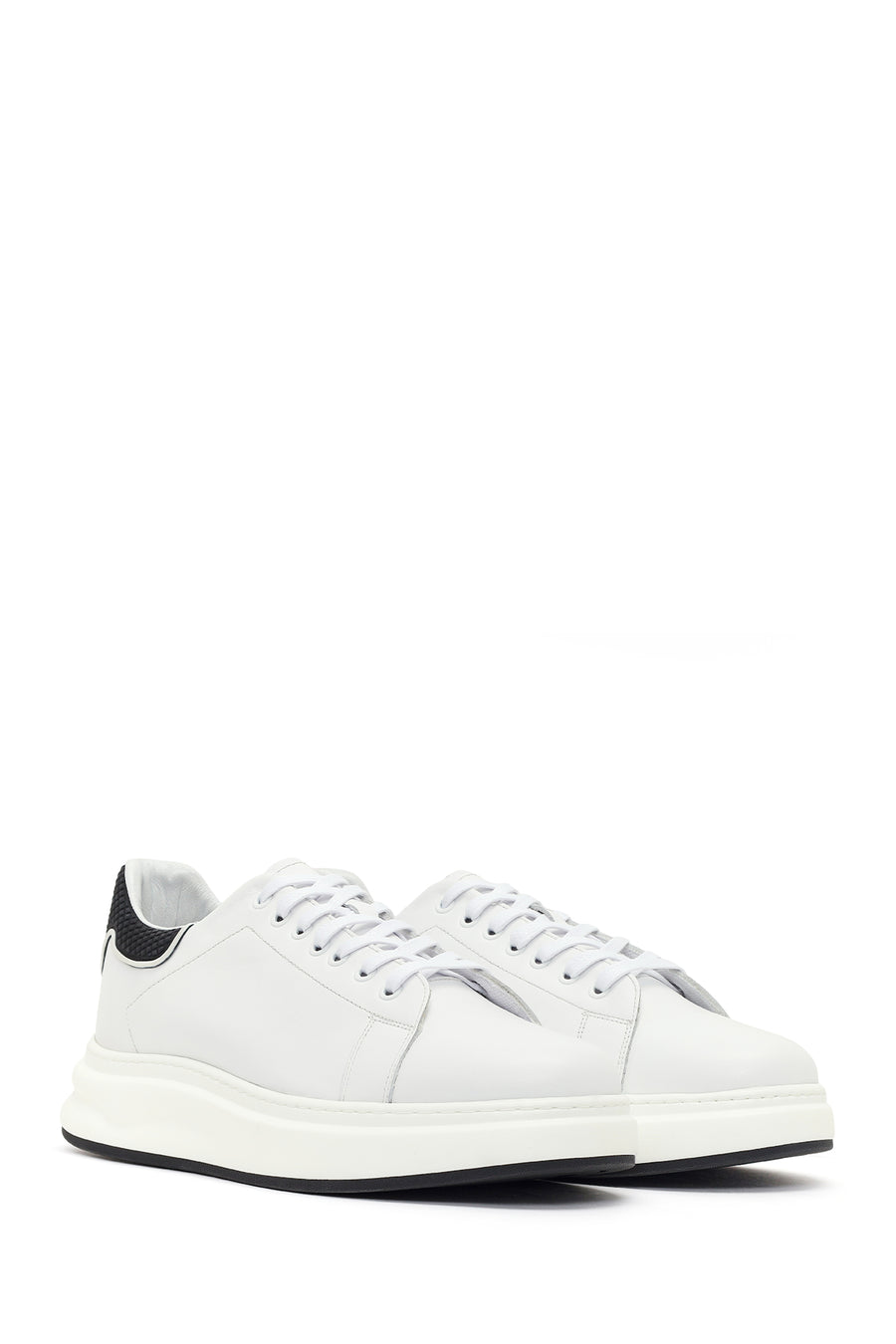Men's White Lace-up Thick-Sole Leather Sneaker