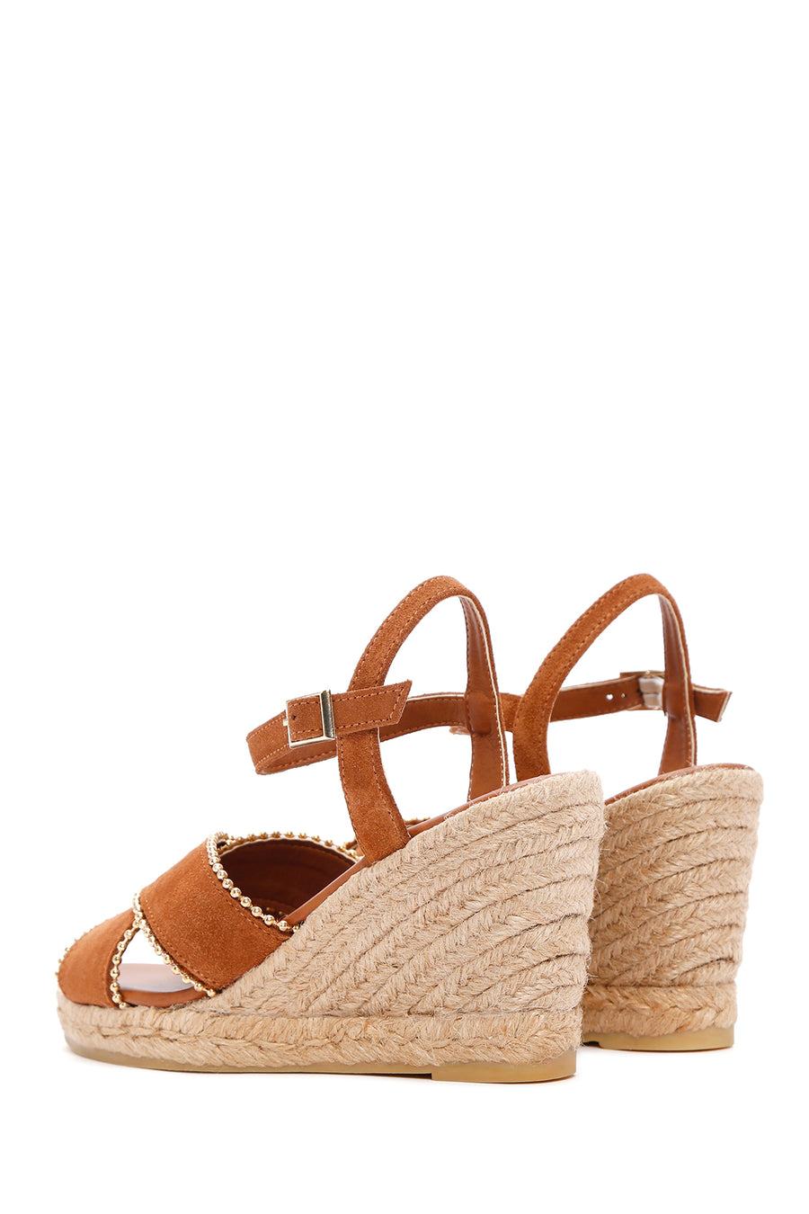 Women's Tan Ankle Strap Wedge Heel Suede Leather Espadrille Sandals