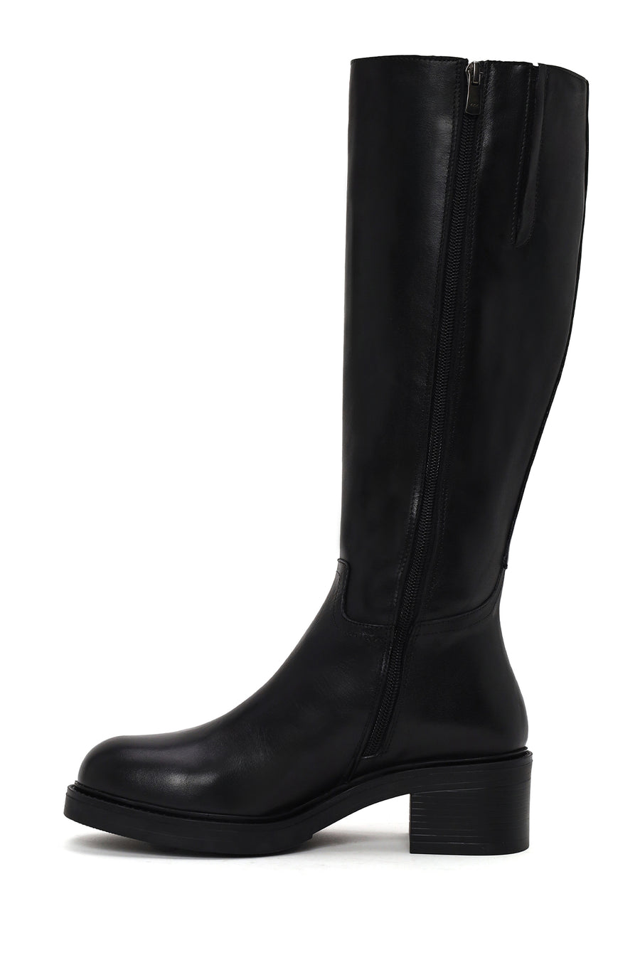Woman Black Zip Closure Chunky Heeled Leather Boots