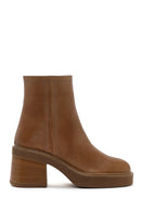 Women's Tan Zippered Thick Heeled Leather Boots | Derimod