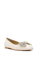 Women's Cream Stoned Leather Ballerina | Derimod
