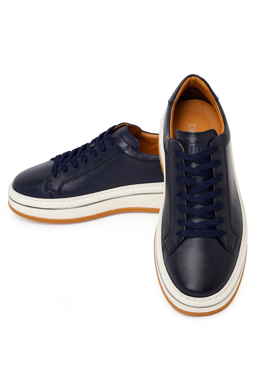 Erkek Lacivert Bağcıklı Kalın Tabanlı Deri Sneaker