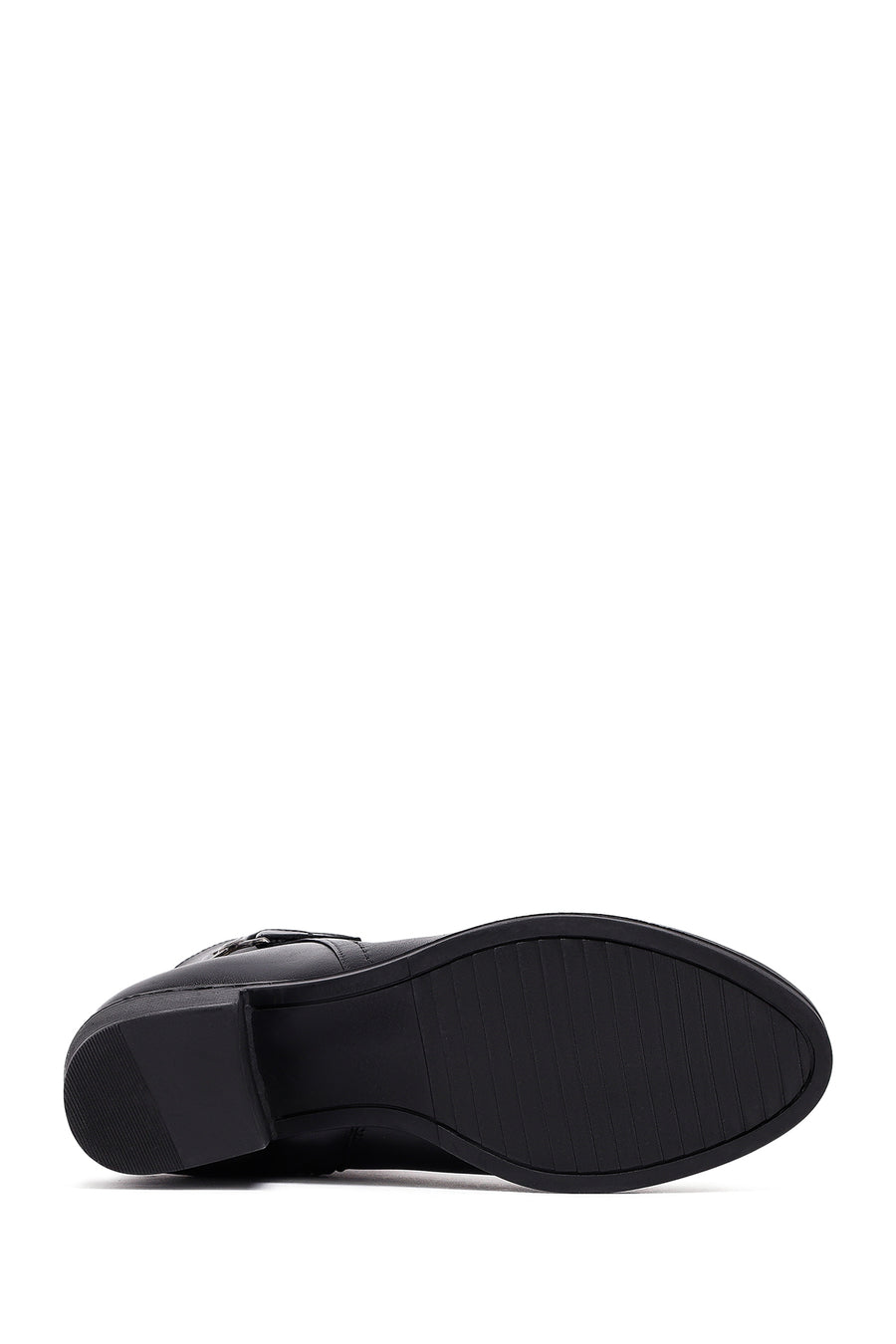 Woman Black Zip Closure Thick-Heeled Leather Boots