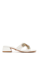 Woman White Stone-Embellished Thick Short-Heeled Slipper | Derimod