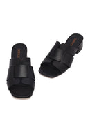 Women's Black Short Thick Heeled Leather Slippers | Derimod