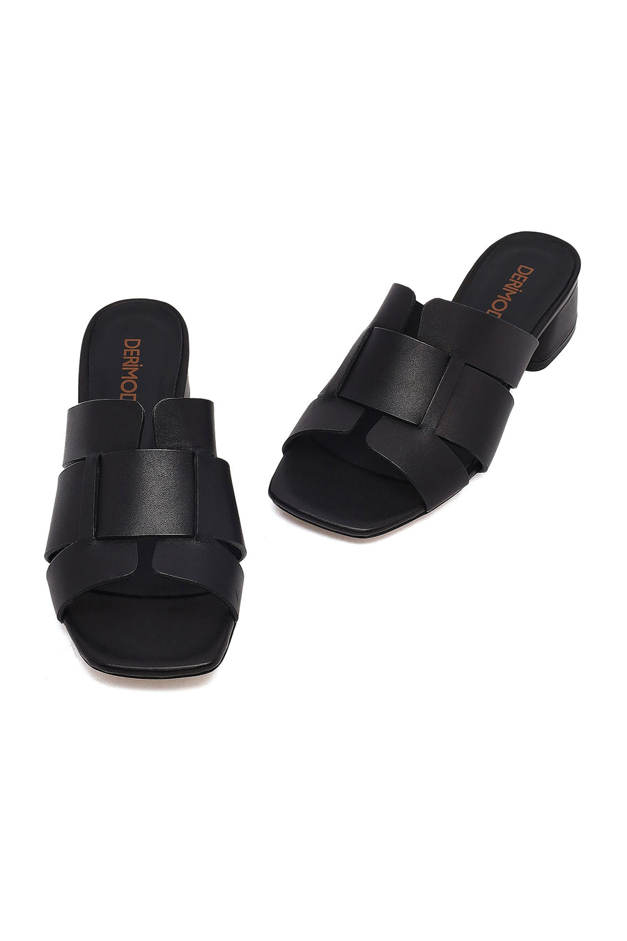 Women's Black Short Thick Heeled Leather Slippers