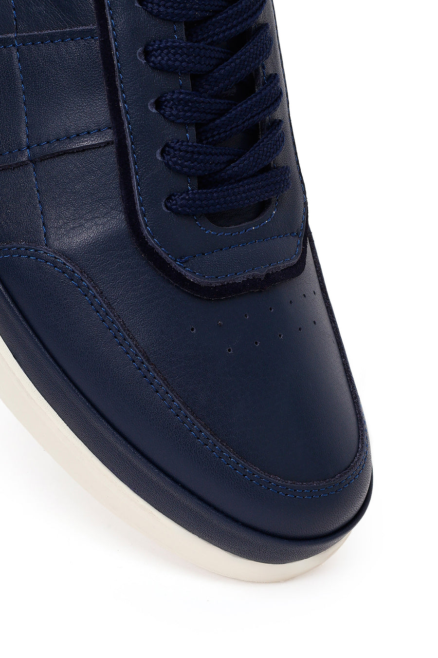 Erkek Lacivert Bağcıklı Deri Casual Sneaker