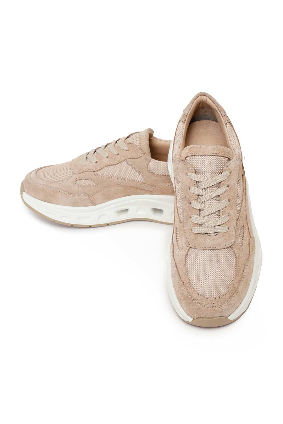 Kadın Bej Bağcıklı Kalın Tabanlı Süet Deri Sneaker