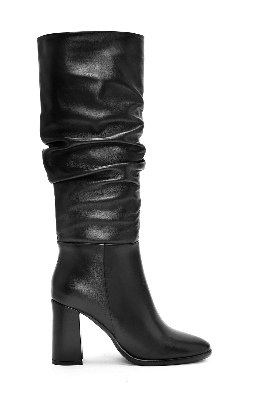Women's Black Zippered Thick Heel Leather Boots