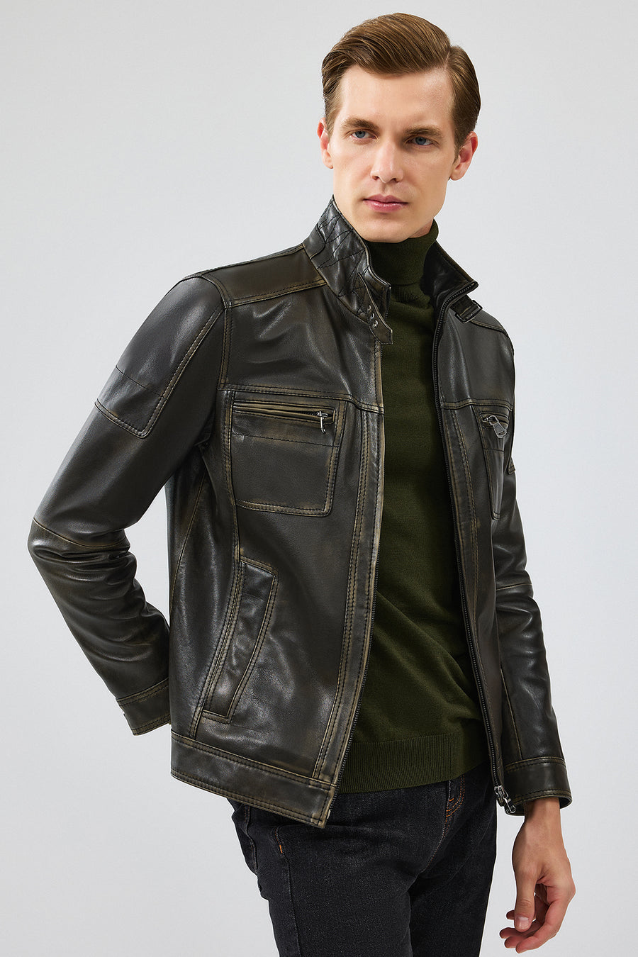 Wade Erkek Yeşil Slim-Fit Deri Mont