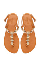 Woman Tan Ankle-Buckle Toe-Post Embellished Sandal | Derimod