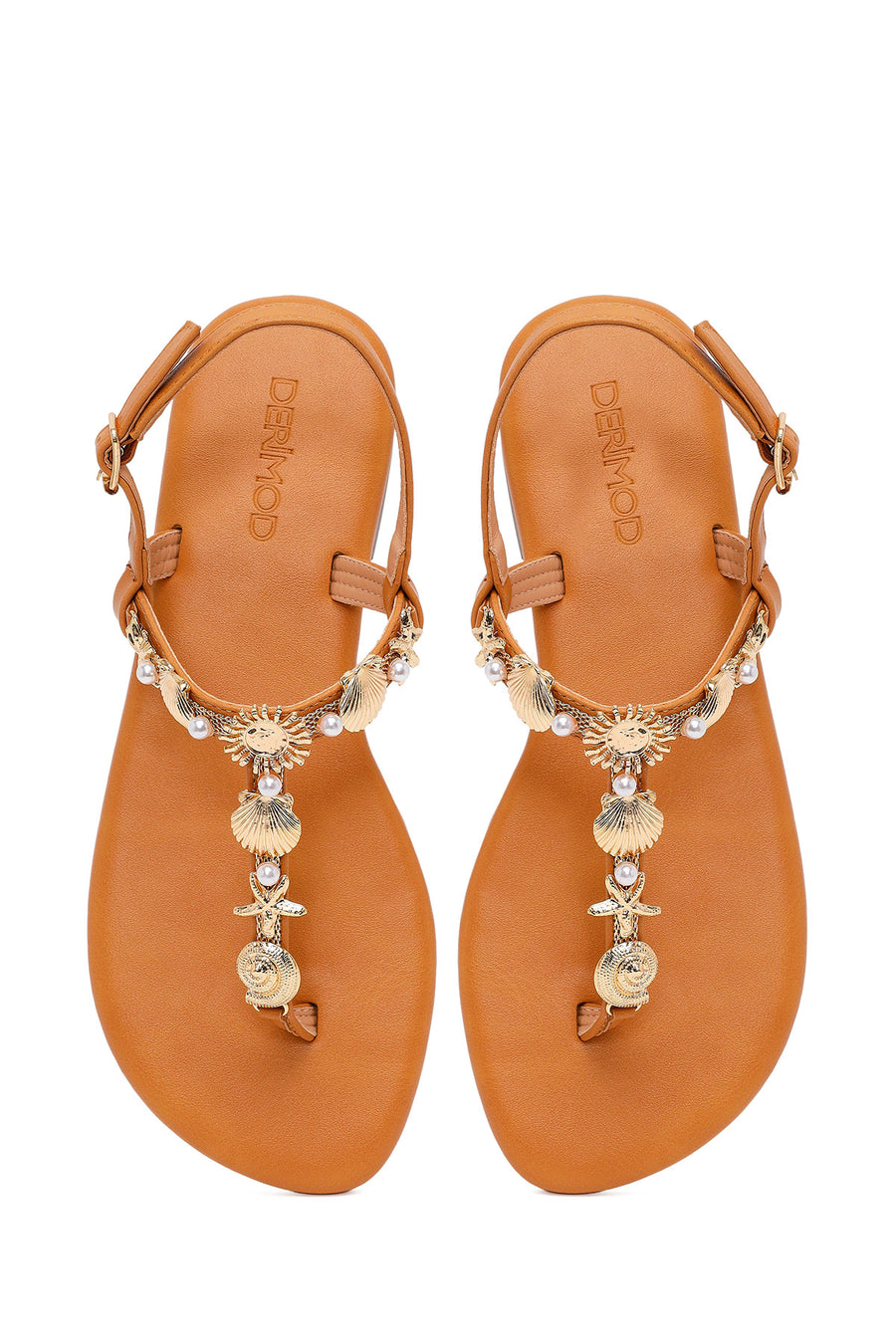 Woman Tan Ankle-Buckle Toe-Post Embellished Sandal