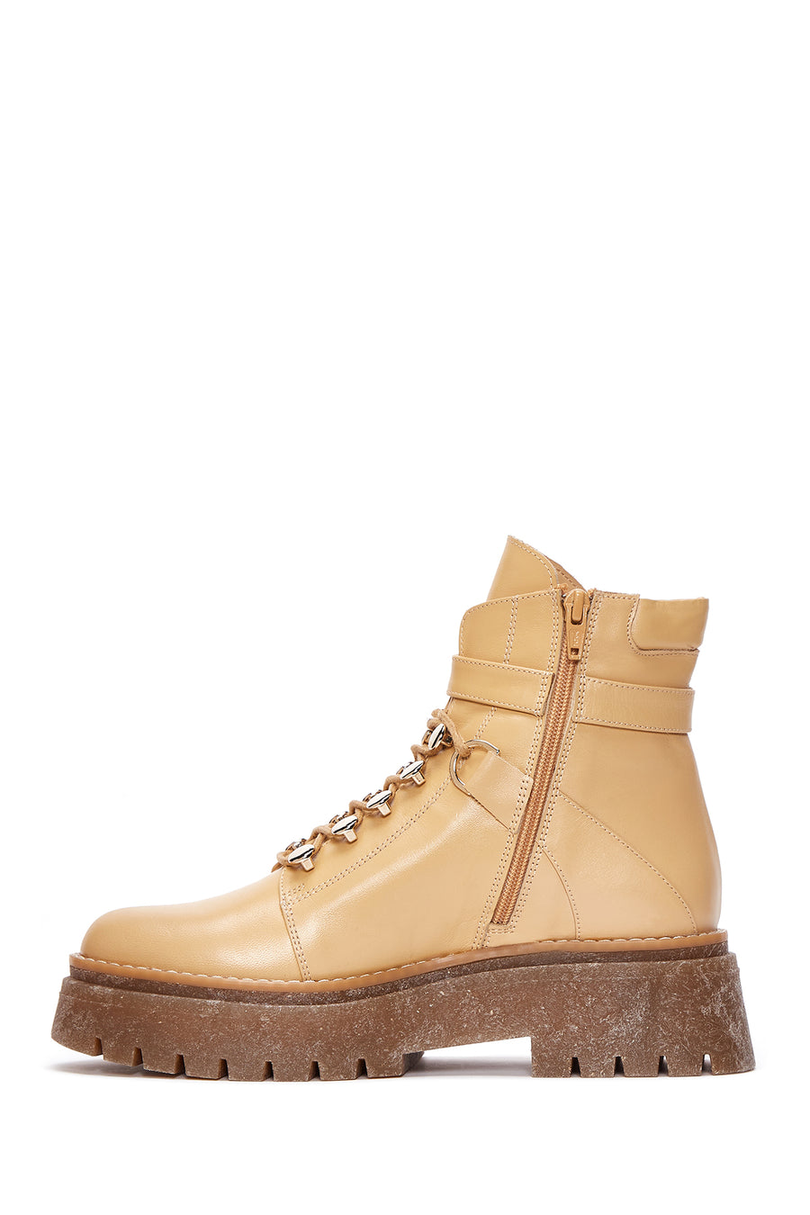 Kadın Bej Deri Tokalı Kalın Tabanlı Bot