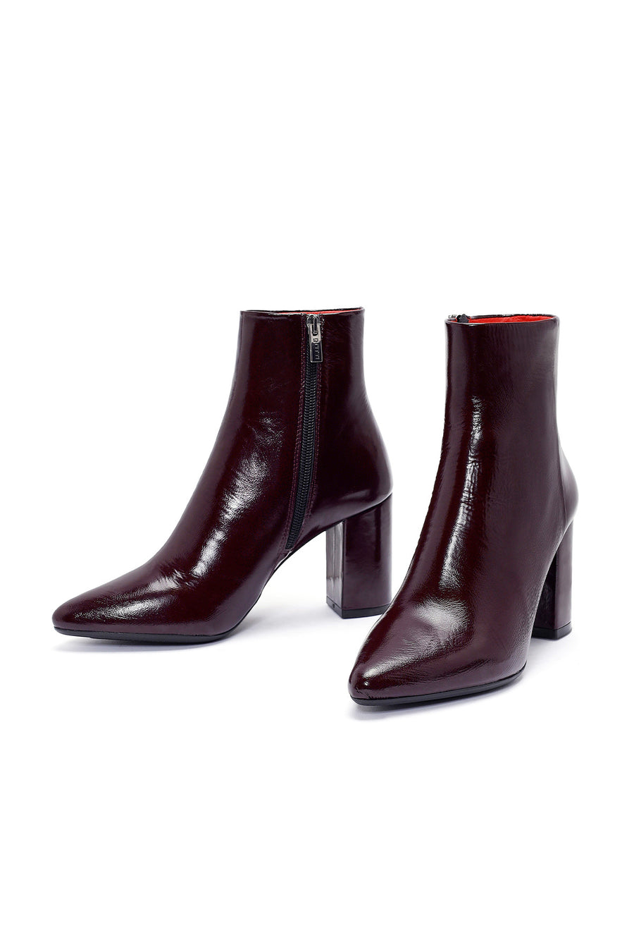 Derimod Gritti Women's Burgundy Zippered Thick Heeled Patent Leather Boots