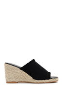 Women's Black Wedge Heeled Suede Leather Espadrille Slippers | Derimod