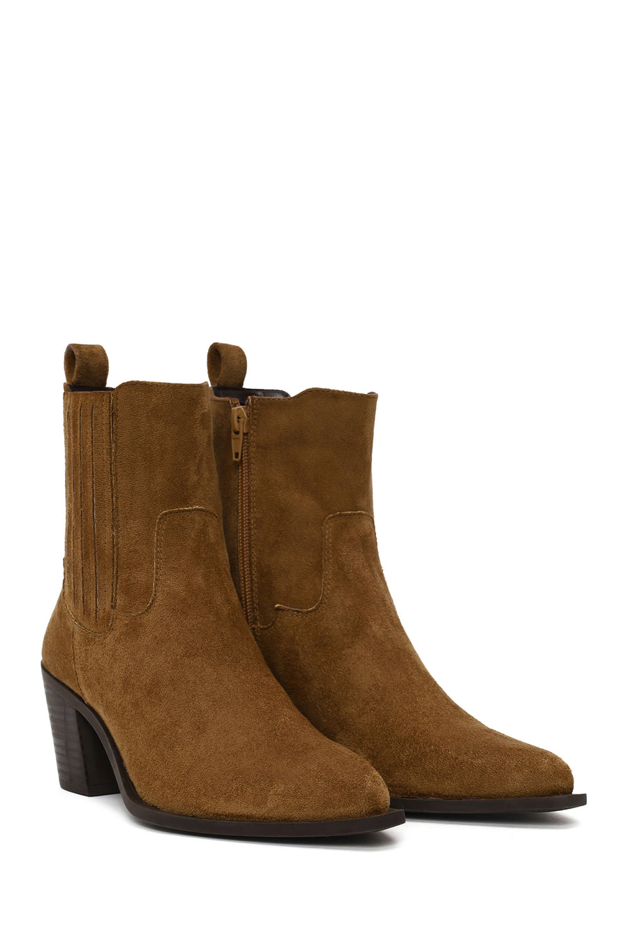 Woman Tan Zip Closure Chunky Heeled Suede Boots