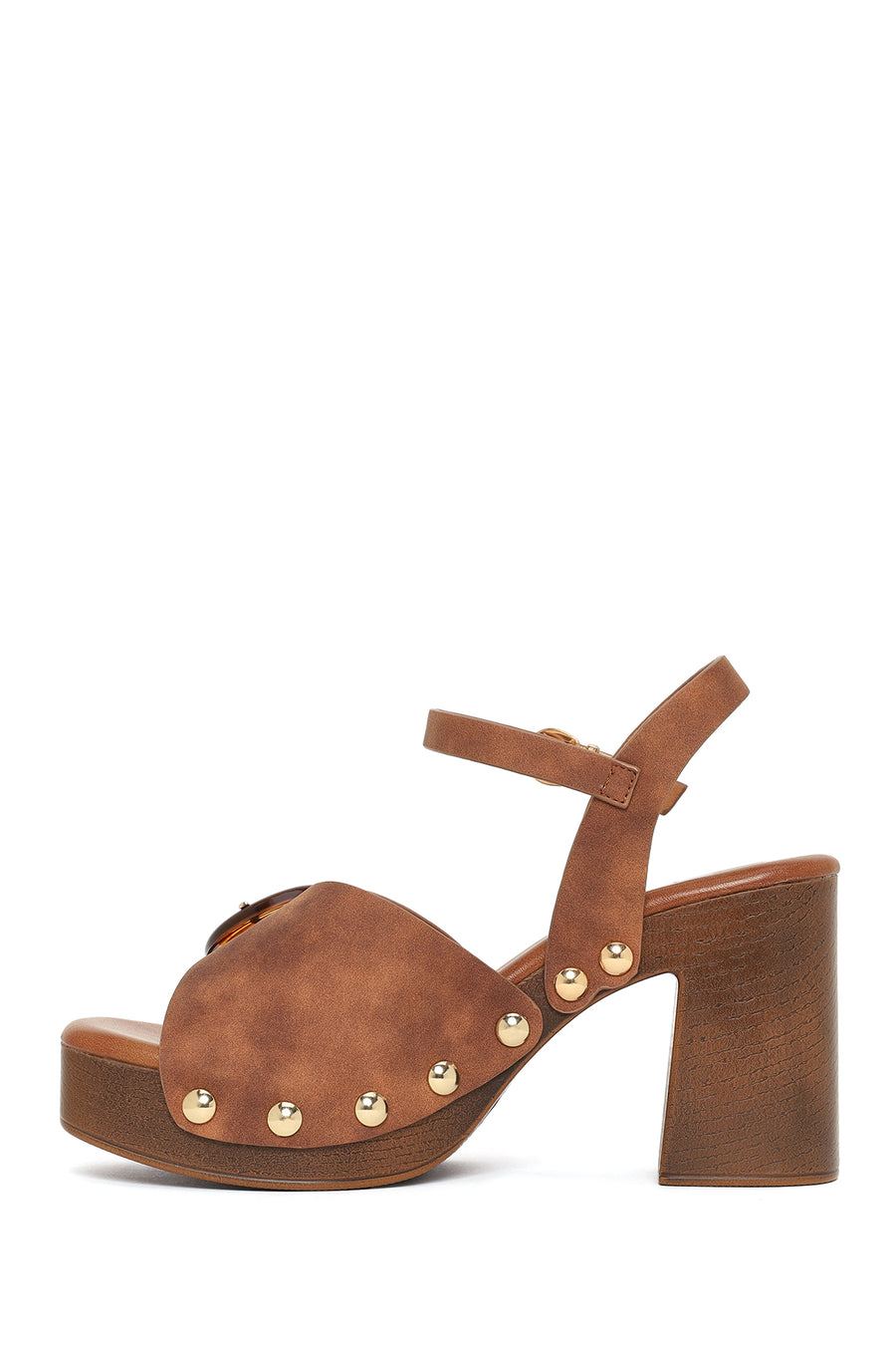 Woman Brown Ankle-Buckle Platform Chunky High-Heel Suede Sandals