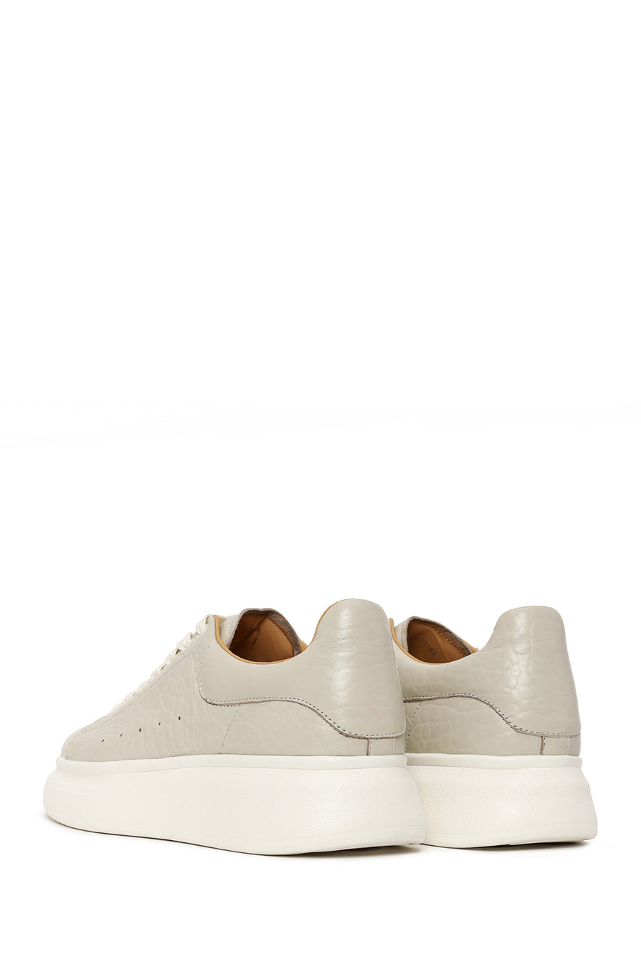 Erkek Beyaz Bağcıklı Kalın Tabanlı Desenli Deri Sneaker