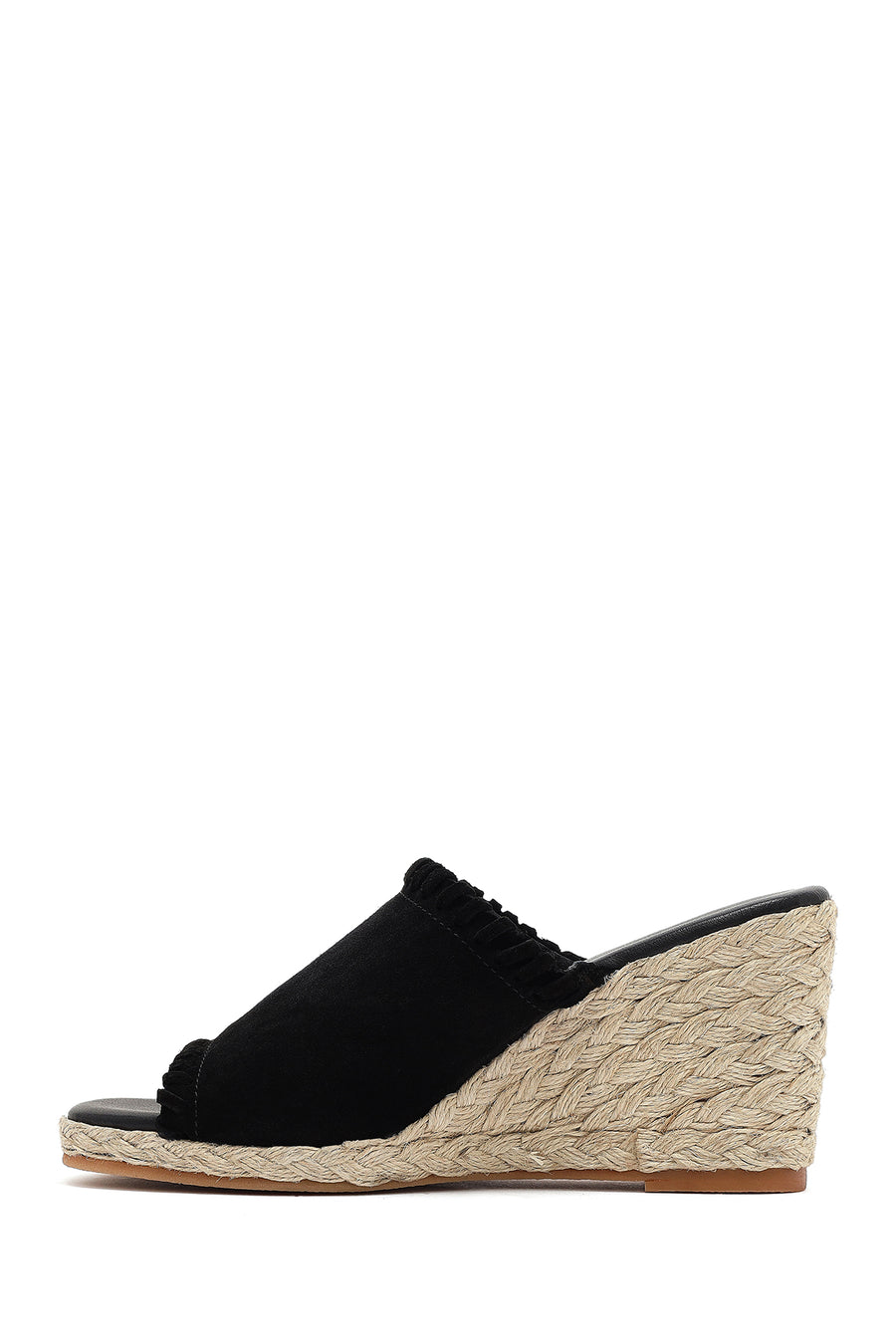 Women's Black Wedge Heeled Suede Leather Espadrille Slippers