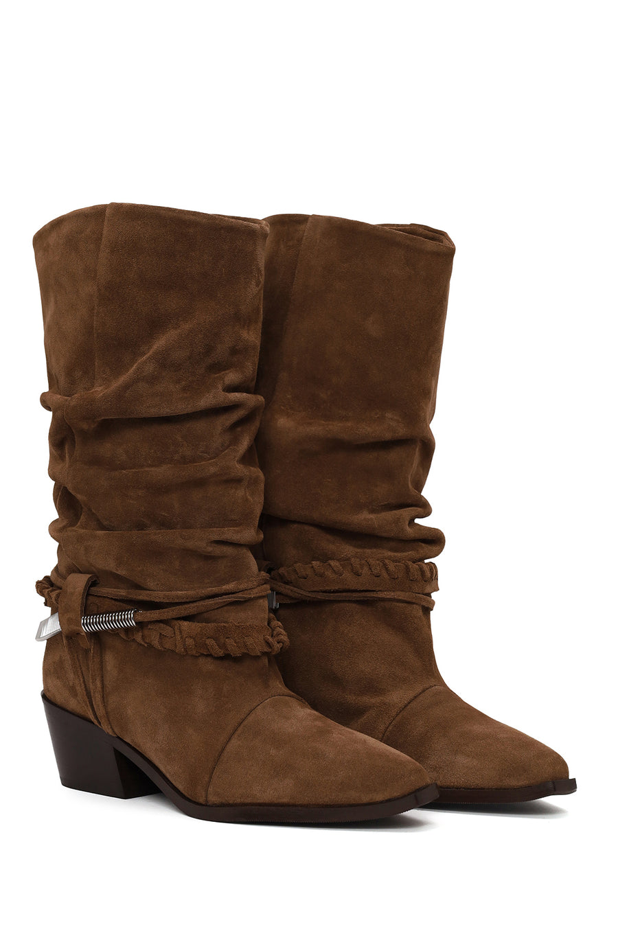 Woman Tan Chunky Heeled Suede Cowboy Boots