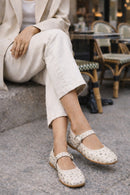 Women's Beige Buckled Stoned Leather Ballerinas | Derimod