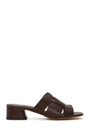 Woman Brown Short Thick-Heeled Leather Slipper | Derimod