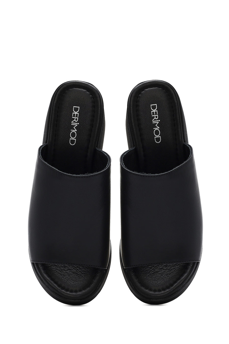 Women's Black Wedge Heeled Leather Slippers