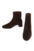 Woman Brown Zip Closure Short Thick-Heeled Suede Boots | Derimod