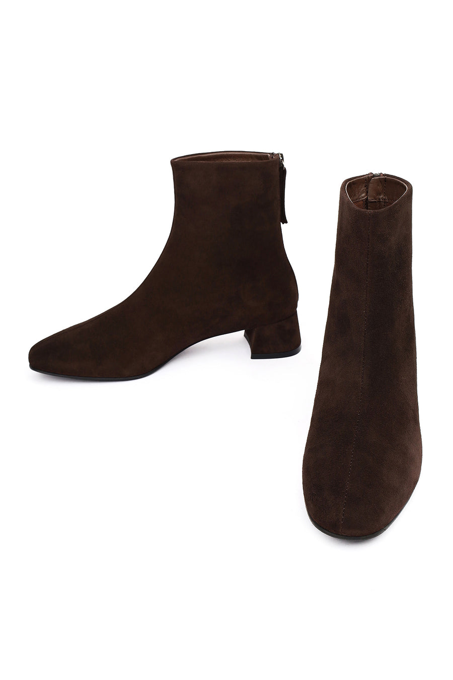 Woman Brown Zip Closure Short Thick-Heeled Suede Boots