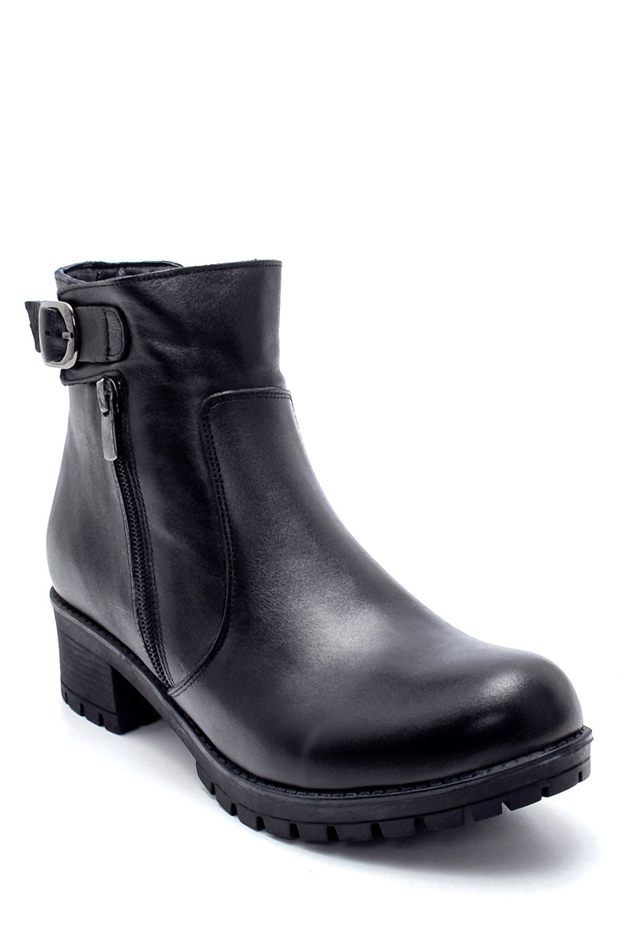 Women's Leather Buckle Detailed Zippered Boots