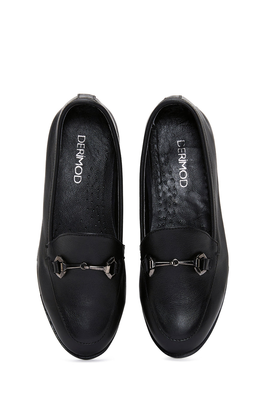 Kadın Siyah Deri Tokalı Klasik Loafer
