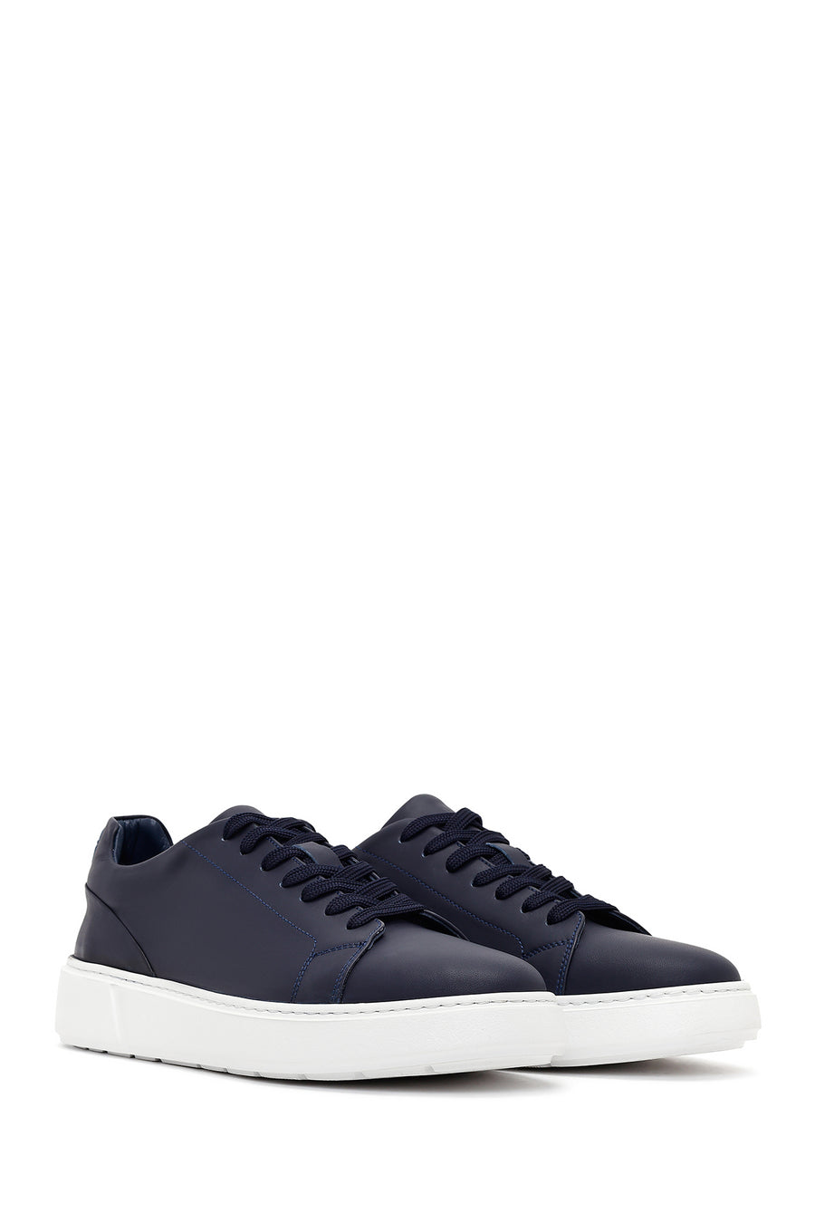 Erkek Lacivert Bağcıklı Deri Sneaker