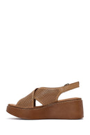 Women's Tan Ankle Strap Printed Wedge Heel Leather Comfort Sandals | Derimod