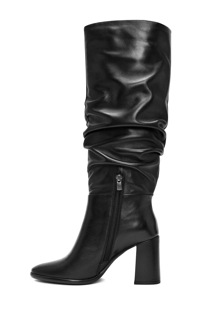Women's Black Zippered Thick Heel Leather Boots