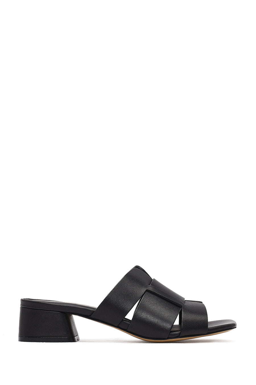 Women's Black Short Thick Heeled Leather Slippers 25SFD141218 | Derimod
