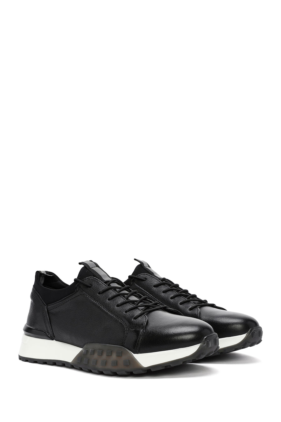Erkek Siyah Kalın Tabanlı Bağcıklı Deri Casual Sneaker