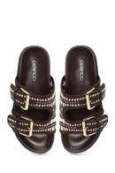 Woman Brown Double Buckle Braided Slippers | Derimod